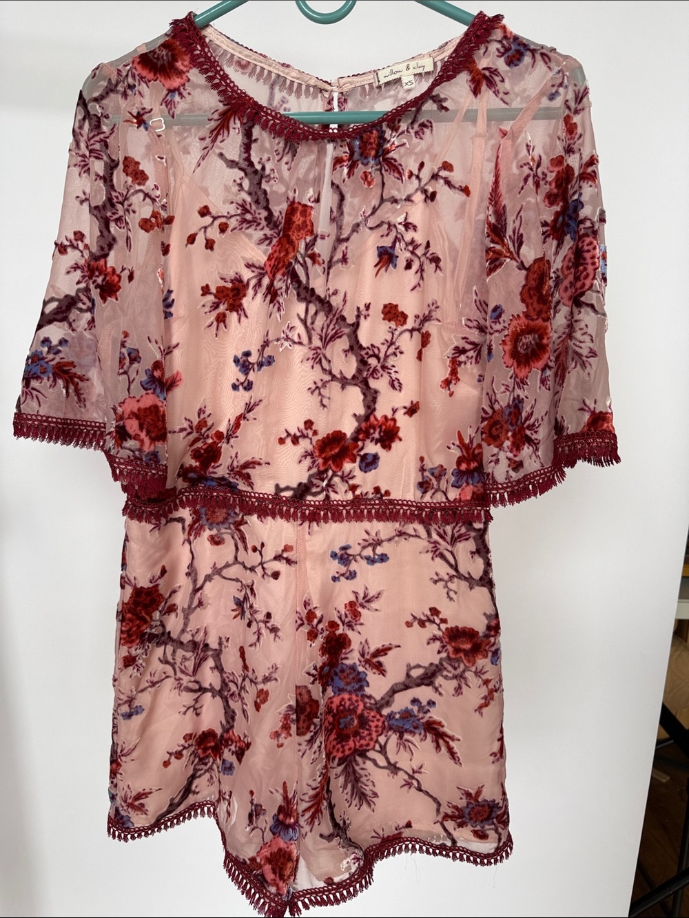 Womens Floral Lace Overlay Romper- Pink with Burgundy Accents